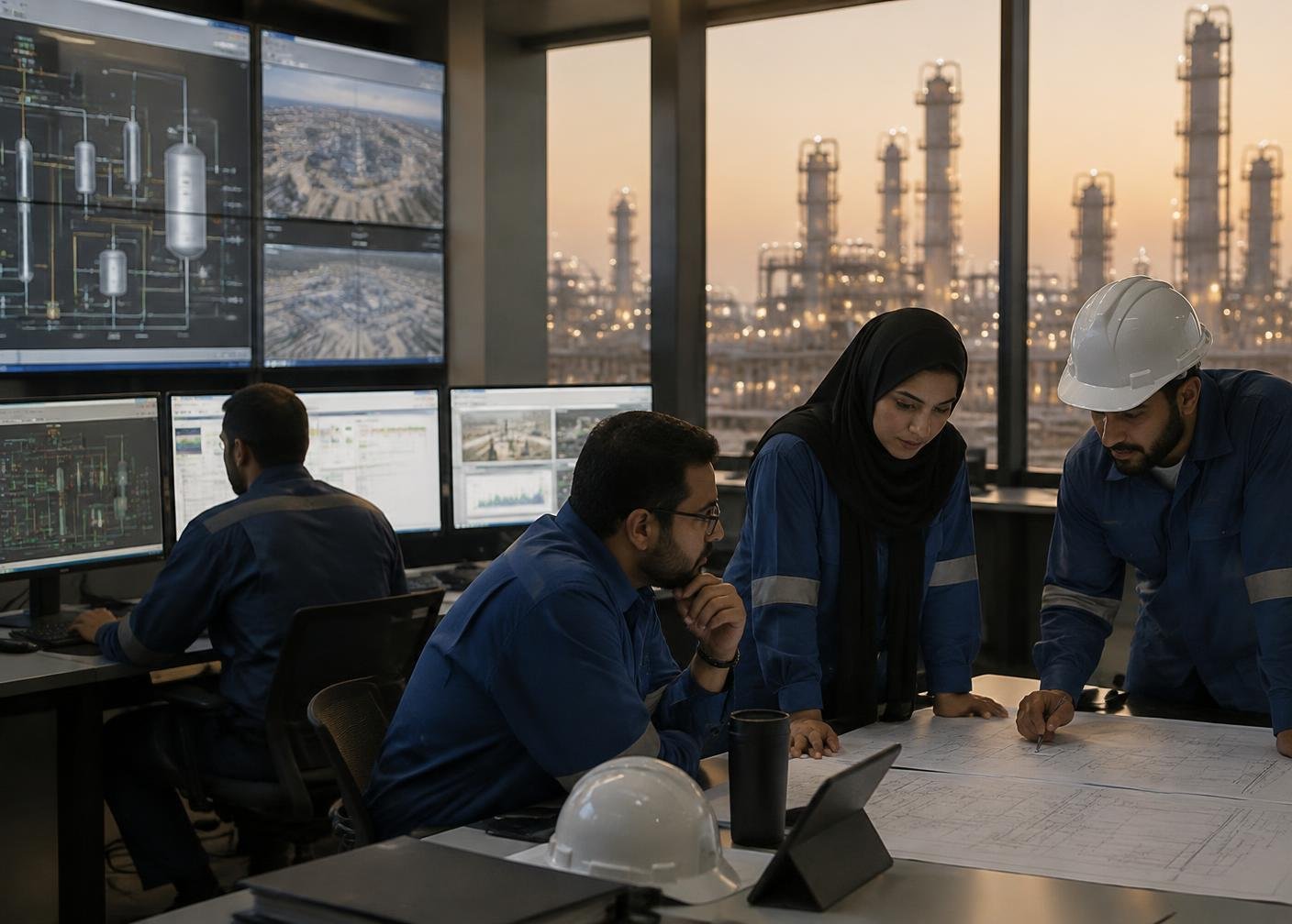 Specialists working in an industrial control room